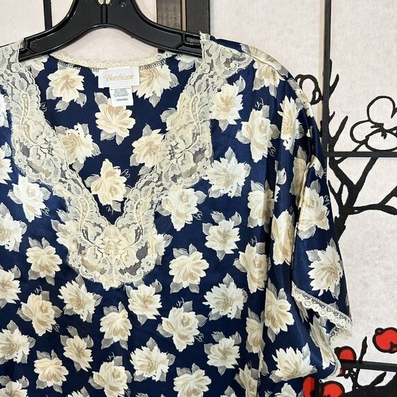 Barbizon Vintage Navy Blue Satin Ivory Floral Flower Lace Night Gown Size L - Picture 3 of 4